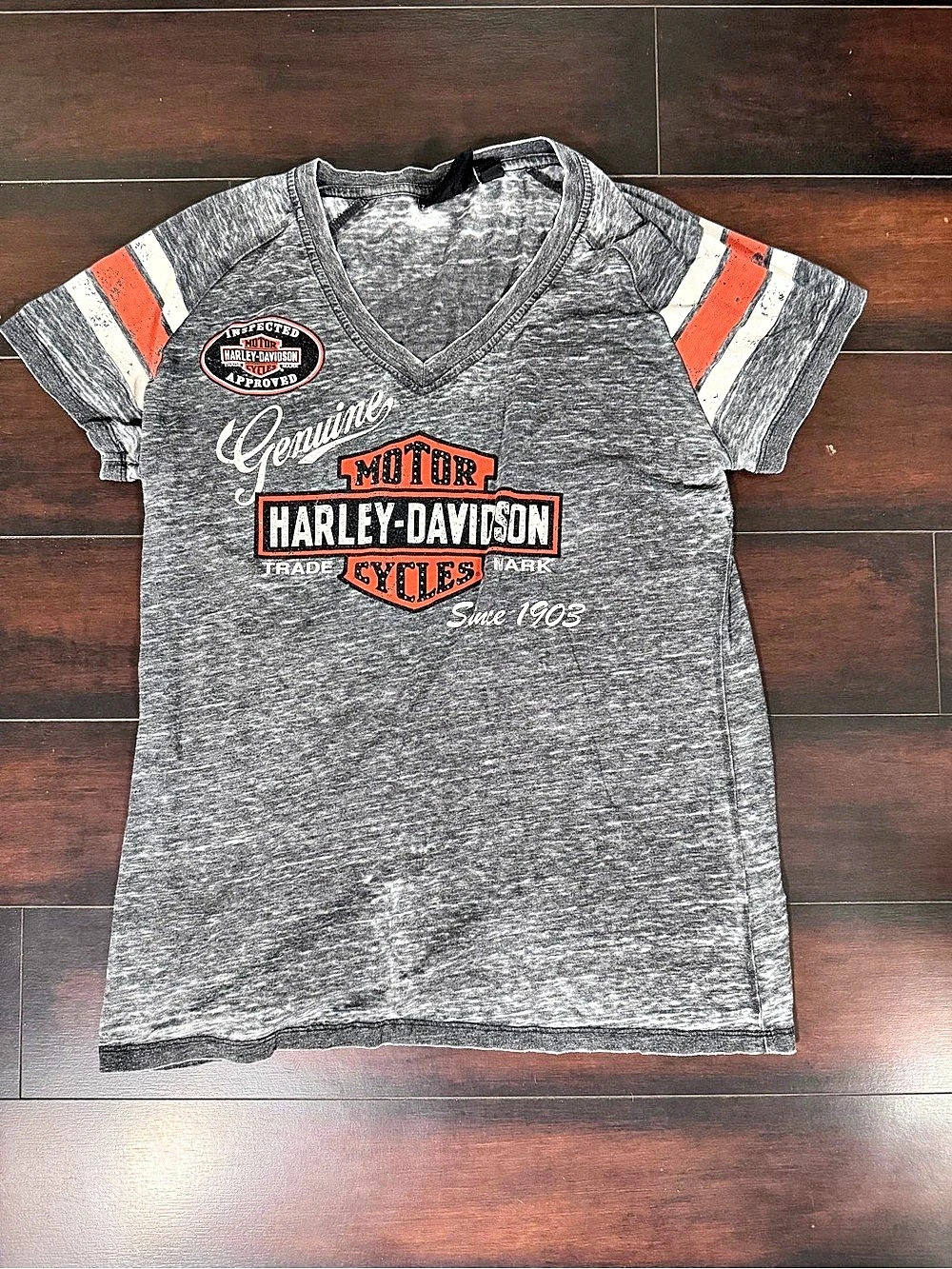 Harley-Davidson MotorClothes Burnout V-Neck Graphic Tee Gray & Orange XL